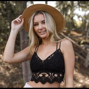 Black Crochet Embroidered Lace Longline Bralette - Large